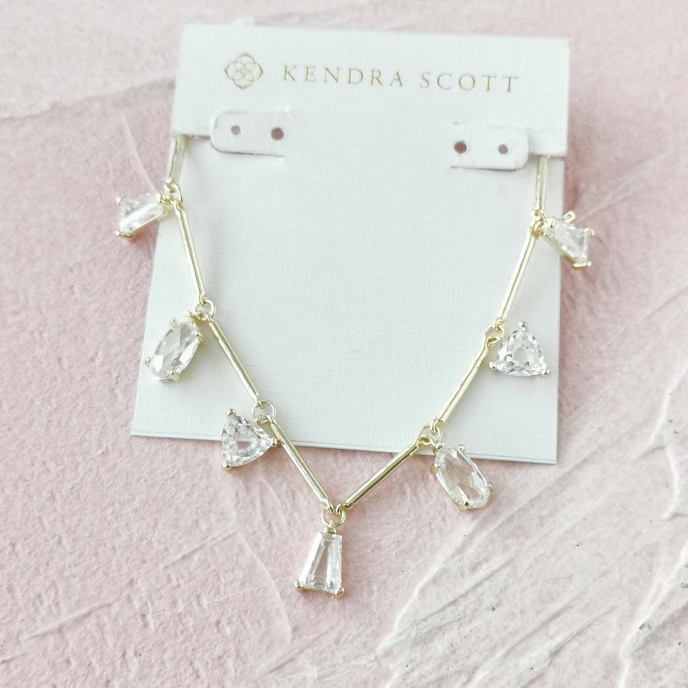 Kendra Scott Blair White Crystal Gold Jewel Strand Necklace AUTHENTIC NEW